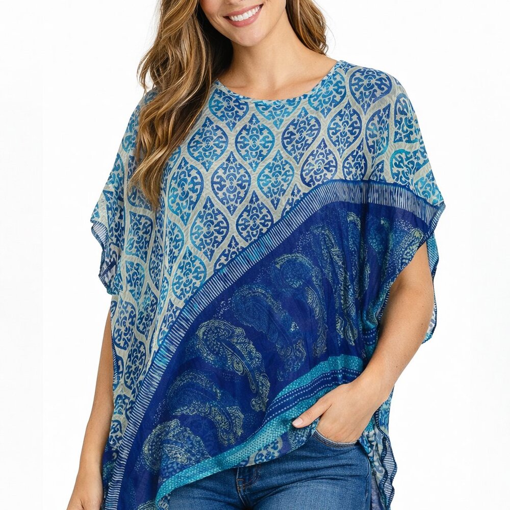 Chico's S/M Linen Poncho Blue White Green Paisley Beach Cover Up Top Sheer